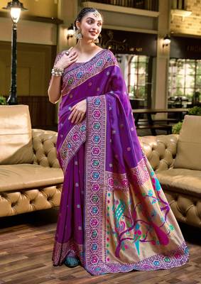 Purple floral butti silk blend zari weaving paithani saree 1