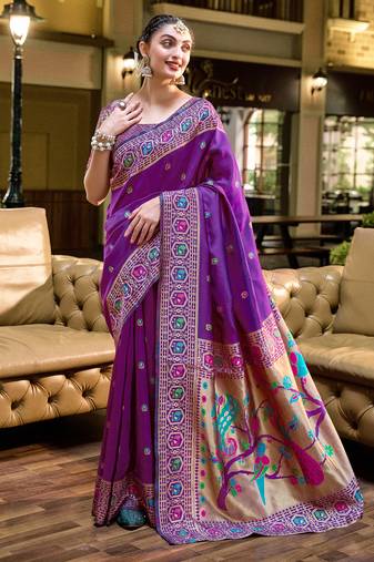 Purple floral butti silk blend zari weaving paithani saree