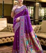 Purple floral butti silk blend zari weaving paithani saree
