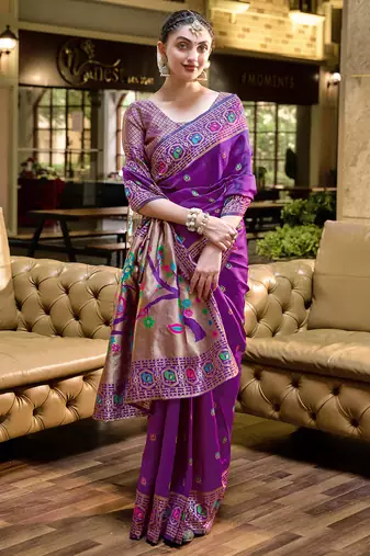 Purple floral butti silk blend zari weaving paithani saree