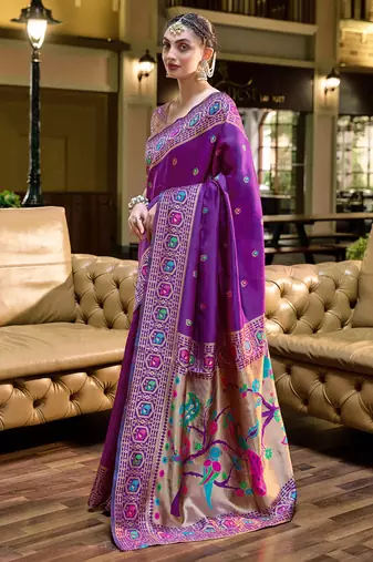 Purple floral butti silk blend zari weaving paithani saree