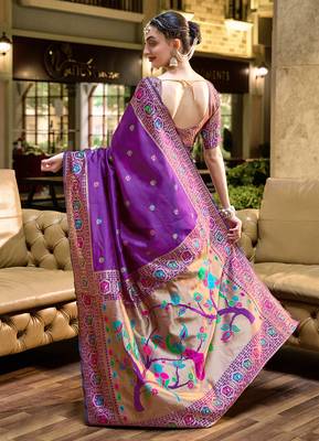Purple floral butti silk blend zari weaving paithani saree 4