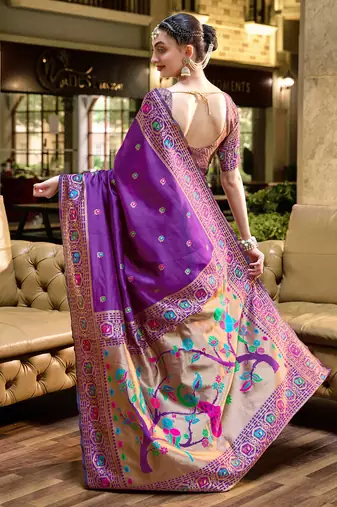 Purple floral butti silk blend zari weaving paithani saree