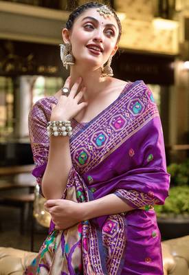 Purple floral butti silk blend zari weaving paithani saree 5