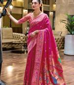 Hot pink floral butti silk blend zari weaving paithani saree