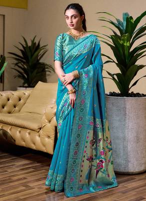 Sky blue floral butti silk blend zari weaving paithani saree 1