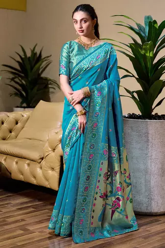 Sky blue floral butti silk blend zari weaving paithani saree