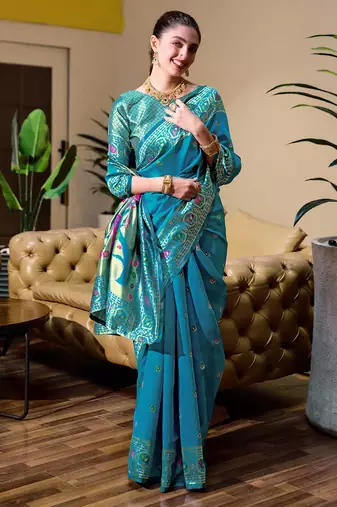 Sky blue floral butti silk blend zari weaving paithani saree