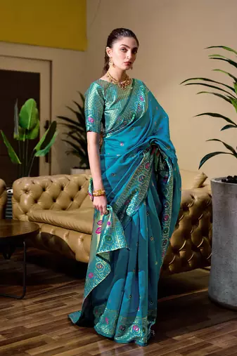 Sky blue floral butti silk blend zari weaving paithani saree