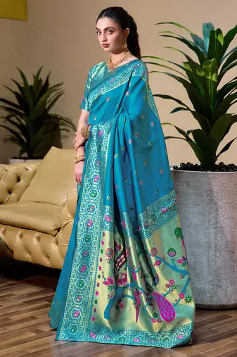 Sky blue floral butti silk blend zari weaving paithani saree