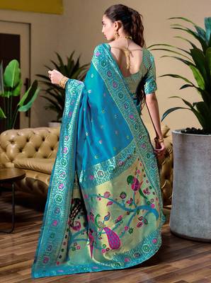 Sky blue floral butti silk blend zari weaving paithani saree 5