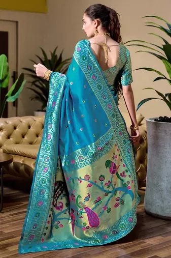 Sky blue floral butti silk blend zari weaving paithani saree