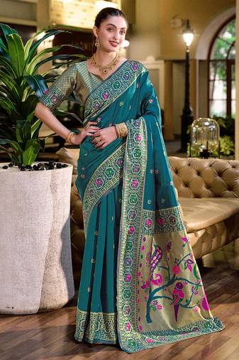 Deep teal floral butti silk blend zari weaving paithani saree