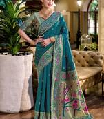 Deep teal floral butti silk blend zari weaving paithani saree
