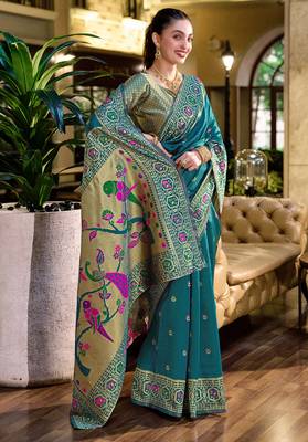 Deep teal floral butti silk blend zari weaving paithani saree 2