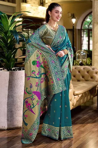 Deep teal floral butti silk blend zari weaving paithani saree