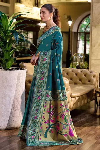 Deep teal floral butti silk blend zari weaving paithani saree