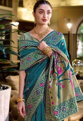 Deep teal floral butti silk blend zari weaving paithani saree 5