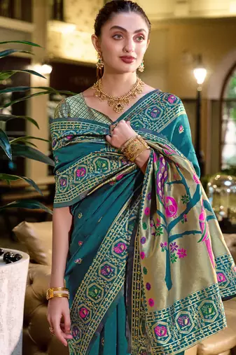 Deep teal floral butti silk blend zari weaving paithani saree