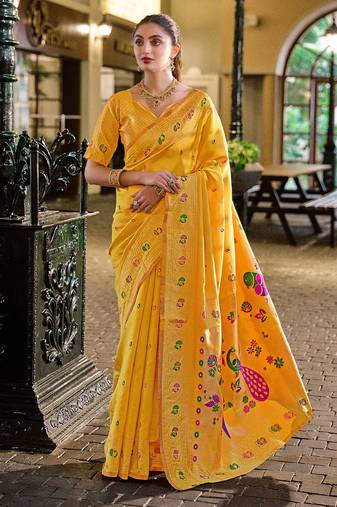 Golden yellow floral butti silk blend zari weaving paithani saree