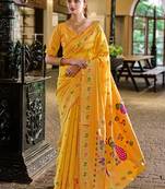 Golden yellow floral butti silk blend zari weaving paithani saree