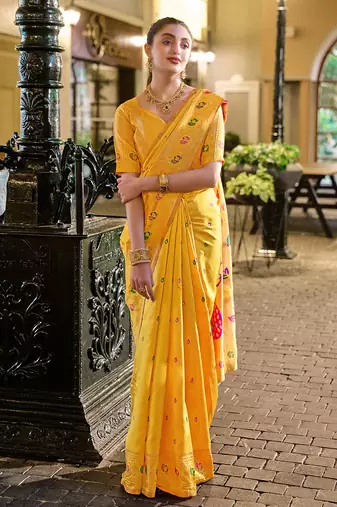 Golden yellow floral butti silk blend zari weaving paithani saree