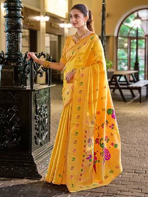 Golden yellow floral butti silk blend zari weaving paithani saree 3