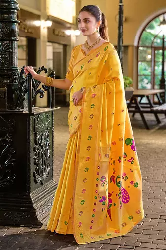 Golden yellow floral butti silk blend zari weaving paithani saree
