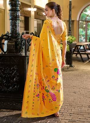 Golden yellow floral butti silk blend zari weaving paithani saree 4