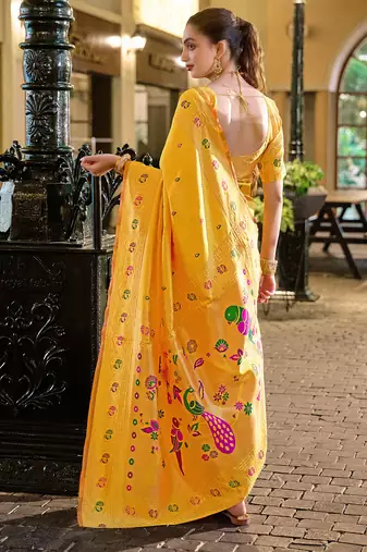 Golden yellow floral butti silk blend zari weaving paithani saree