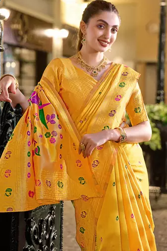 Golden yellow floral butti silk blend zari weaving paithani saree