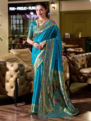 Sky blue peacock butti silk blend zari weaving paithani saree 1