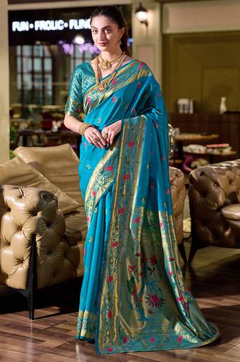 Sky blue peacock butti silk blend zari weaving paithani saree