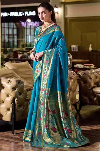 Sky blue peacock butti silk blend zari weaving paithani saree