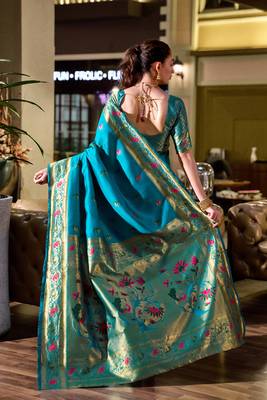 Sky blue peacock butti silk blend zari weaving paithani saree 4