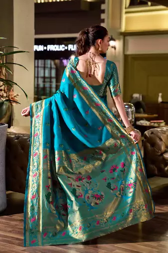 Sky blue peacock butti silk blend zari weaving paithani saree