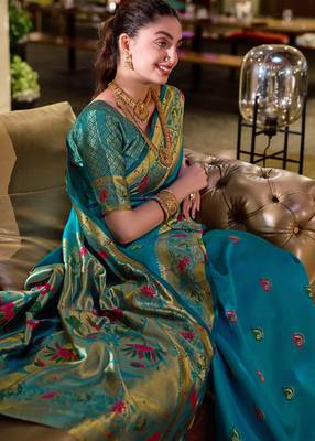 Sky blue peacock butti silk blend zari weaving paithani saree 5