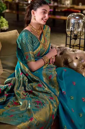 Sky blue peacock butti silk blend zari weaving paithani saree