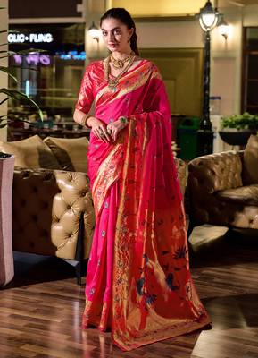 Red peacock butti silk blend zari weaving paithani saree 1