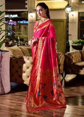 Red peacock butti silk blend zari weaving paithani saree 2