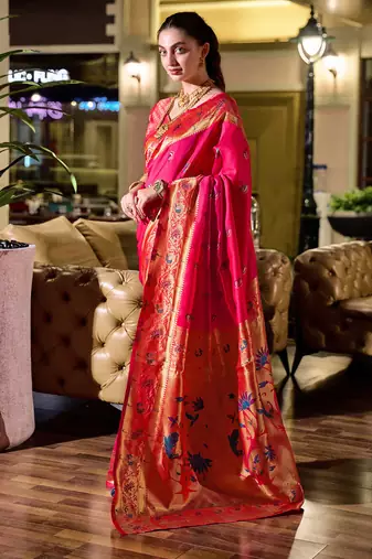 Red peacock butti silk blend zari weaving paithani saree