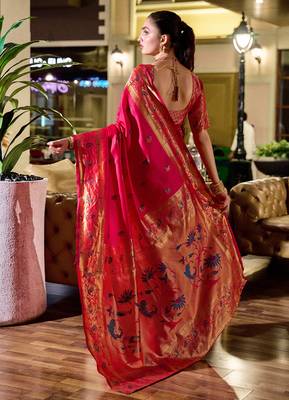 Red peacock butti silk blend zari weaving paithani saree 3