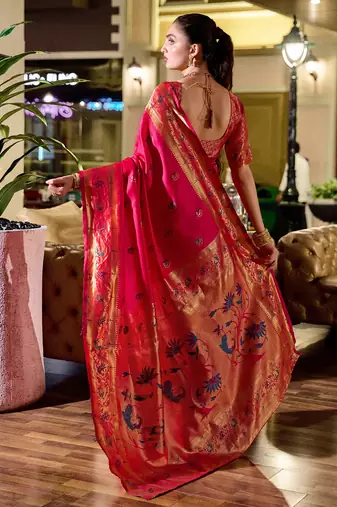 Red peacock butti silk blend zari weaving paithani saree