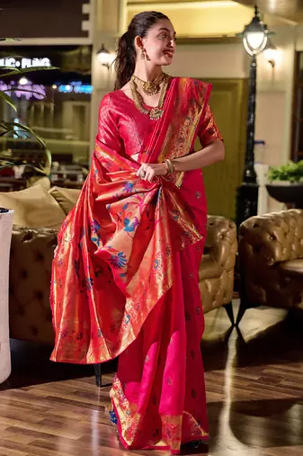 Red peacock butti silk blend zari weaving paithani saree