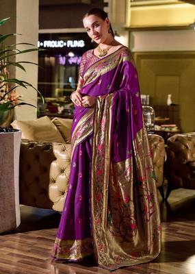 Purple peacock butti silk blend zari weaving paithani saree 1