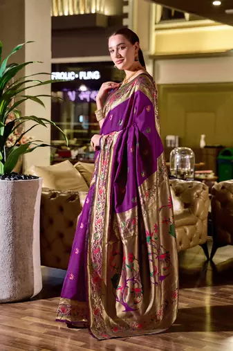 Purple peacock butti silk blend zari weaving paithani saree
