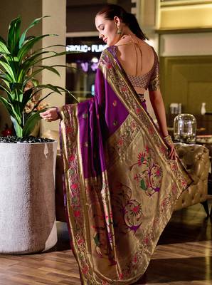 Purple peacock butti silk blend zari weaving paithani saree 3