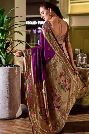 Purple peacock butti silk blend zari weaving paithani saree