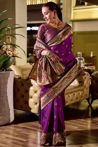 Purple peacock butti silk blend zari weaving paithani saree