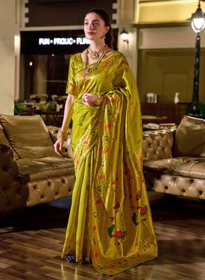 Light green peacock butti silk blend zari weaving paithani saree 1